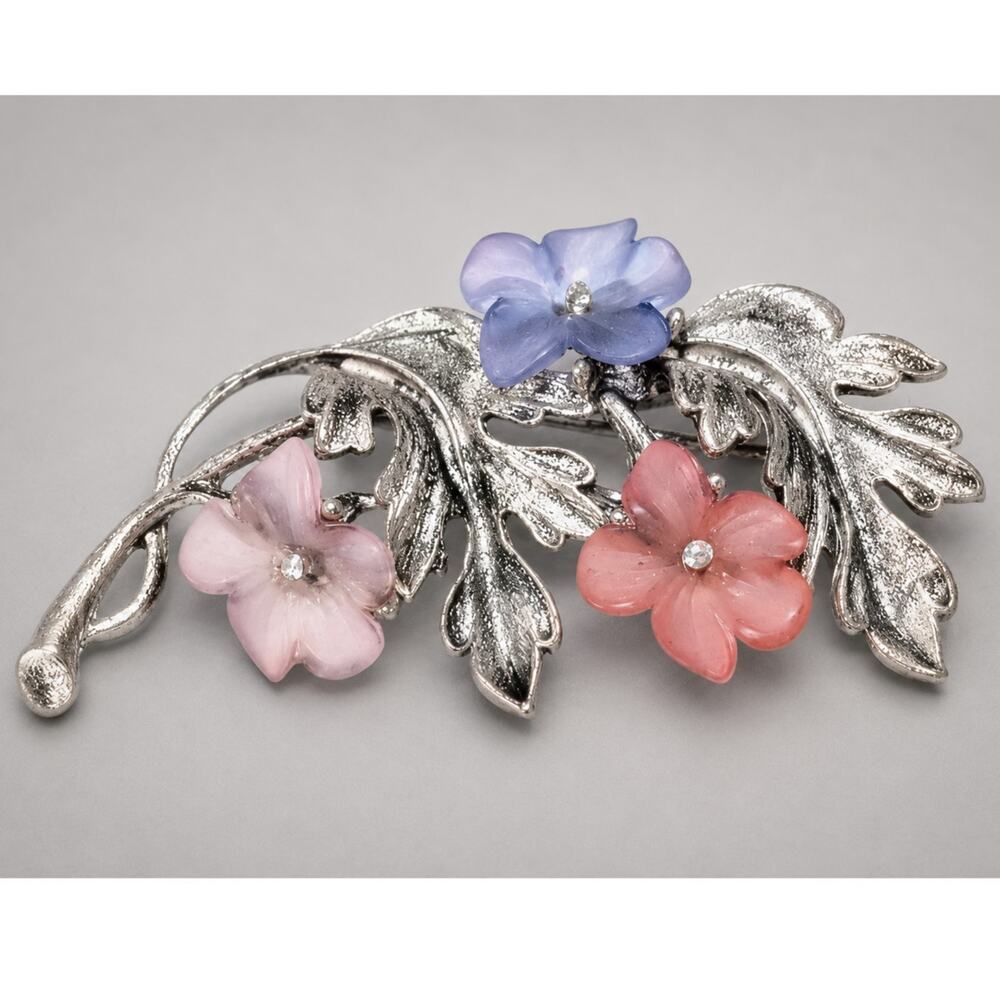 Vintage Flower Brooch Pin Pink Blue Antiqued Silver-tone 2.5" Floral Spray sf-62